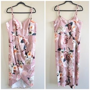 City Chic floral mauve spaghetti strap front waterfall midi dress